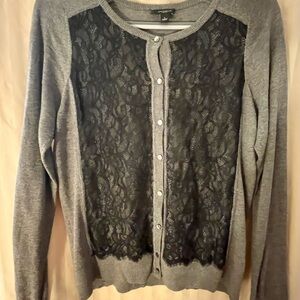 Ann Taylor Gray Cardigan with Black Lace Front